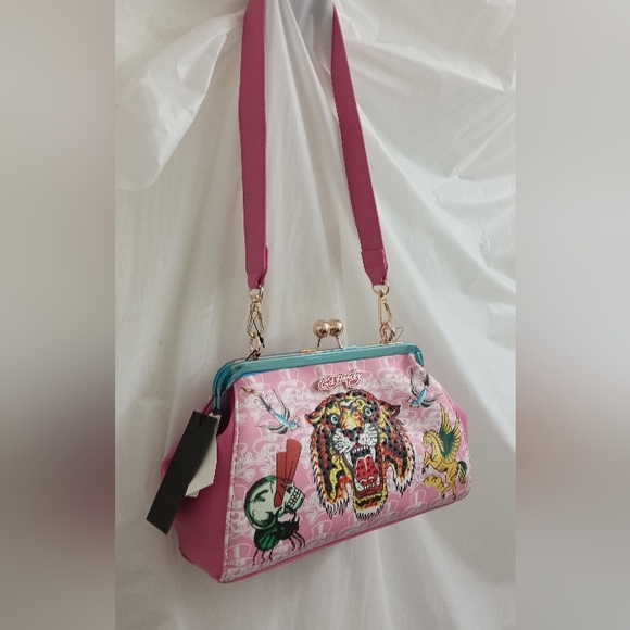 Ed Hardy Pink Rhinestone Siberia Hill Tiger Kiss Lock Frame Tattoo Charm Satchel - Picture 4 of 15